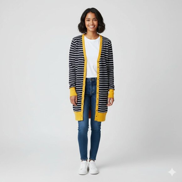 š Buy 2 Get 1 Free Merokeety S Blue Striped Long Cardigan Yellow Preppy Classic - Picture 1 of 7